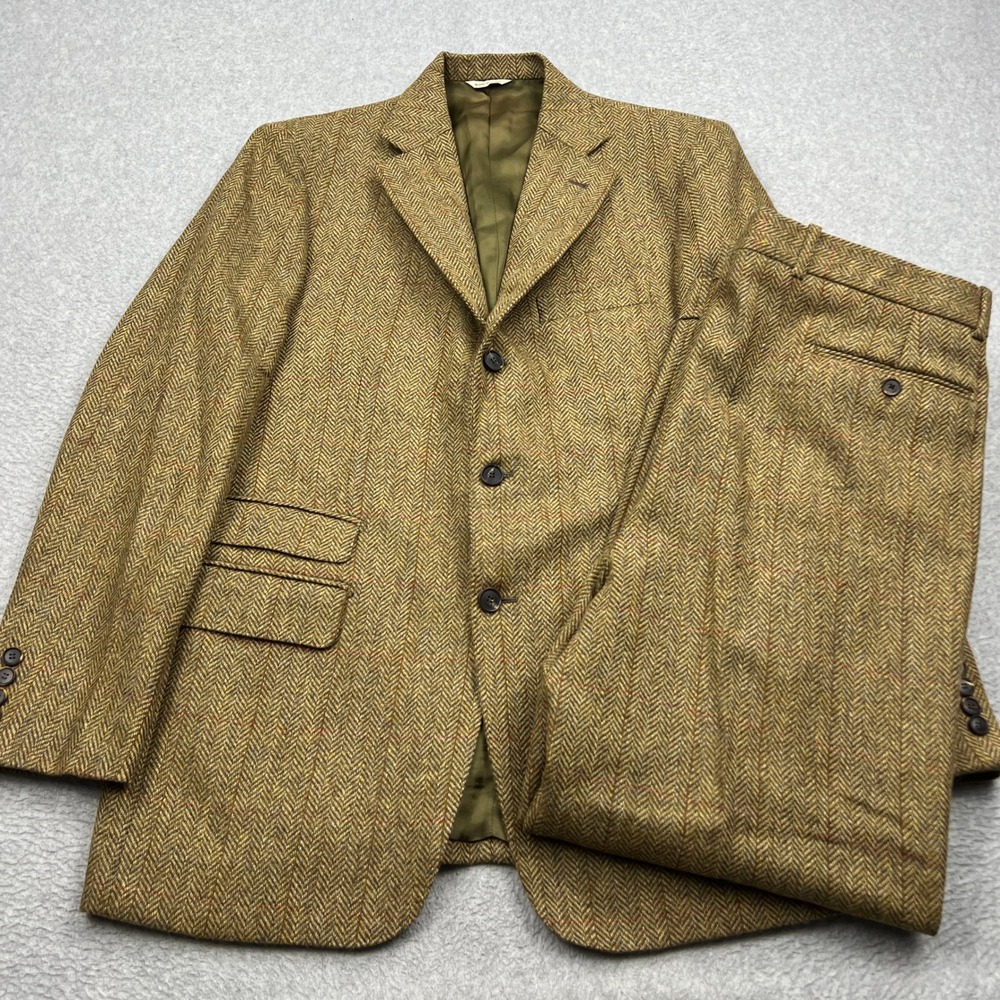 Andrew Carrington Suit Set Mens 42/36 Brown Tweed Herringbone 100% Wool Italy